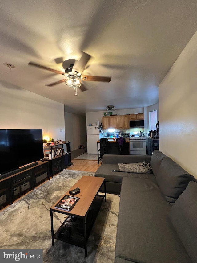 living room with ceiling fan and light hardwood / wood-style floors