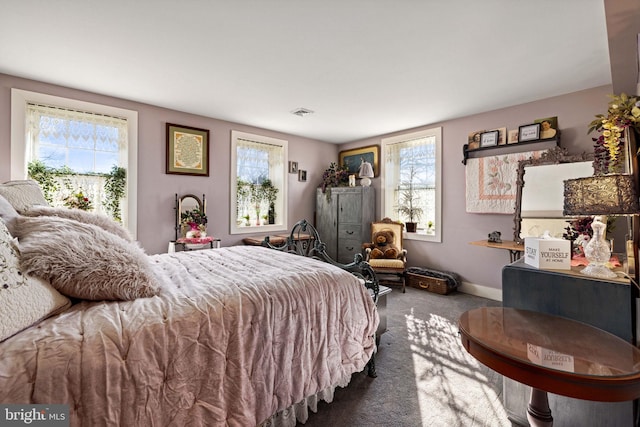 bedroom featuring multiple windows and carpet flooring