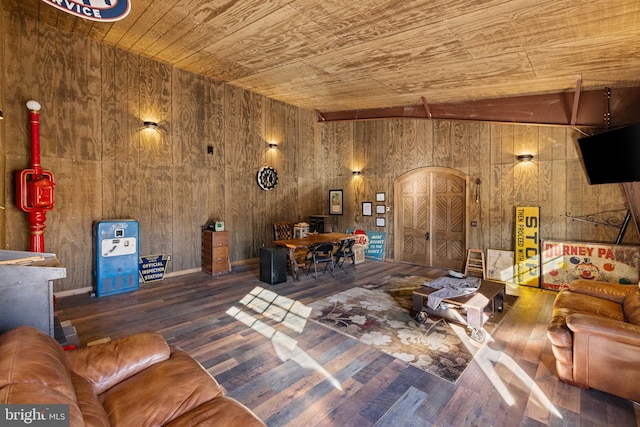 living room featuring wood ceiling, wood-type flooring, wooden walls, and vaulted ceiling