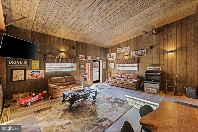3204 State Route 72, Jonestown, PA 17038 - living room featuring wooden ceiling, wood walls, wood finished floors, and lofted ceiling