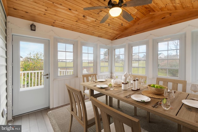 sunroom / solarium with lofted ceiling, a healthy amount of sunlight, ceiling fan, and wood ceiling