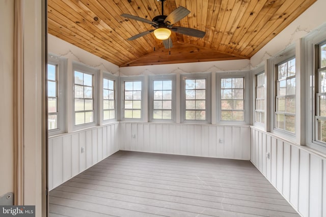 unfurnished sunroom featuring ceiling fan, vaulted ceiling, and wooden ceiling