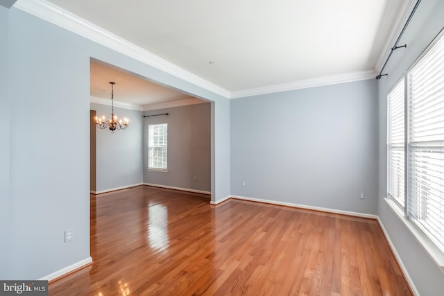 empty room with a wealth of natural light, ornamental molding, and light hardwood / wood-style flooring