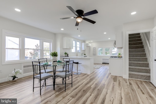 dining space with light wood-type flooring, a wealth of natural light, ceiling fan, and radiator