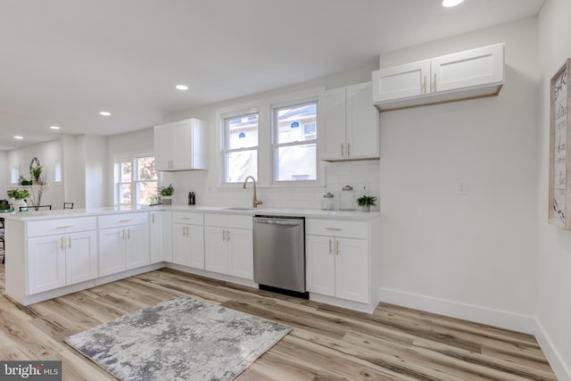 kitchen with light hardwood / wood-style floors, white cabinetry, and dishwasher