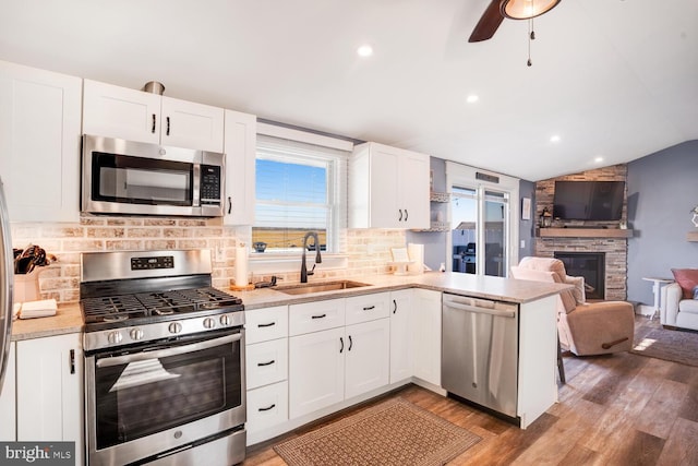 kitchen featuring wood-type flooring, a fireplace, stainless steel appliances, sink, and white cabinets