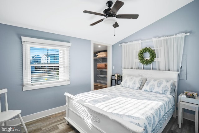 bedroom with ceiling fan, dark hardwood / wood-style floors, a spacious closet, a closet, and vaulted ceiling