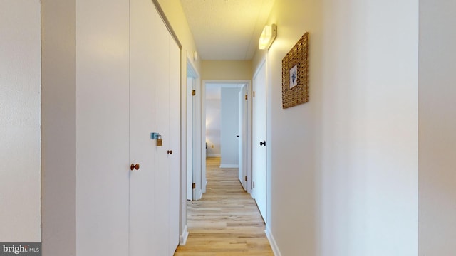 corridor featuring light hardwood / wood-style flooring and a textured ceiling