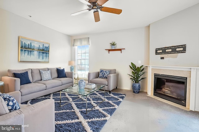 living room featuring ceiling fan