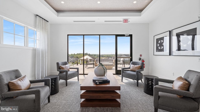 carpeted living room with plenty of natural light and a tray ceiling