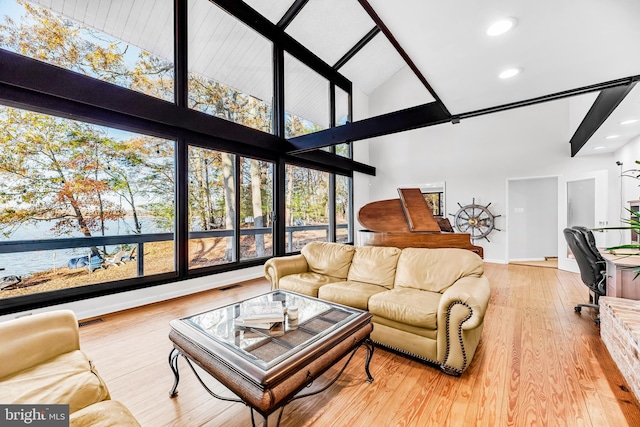 living room with light hardwood / wood-style floors and high vaulted ceiling