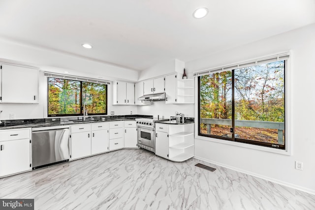 kitchen with sink, white cabinets, a healthy amount of sunlight, and appliances with stainless steel finishes