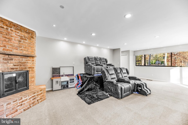 interior space featuring carpet floors and a fireplace