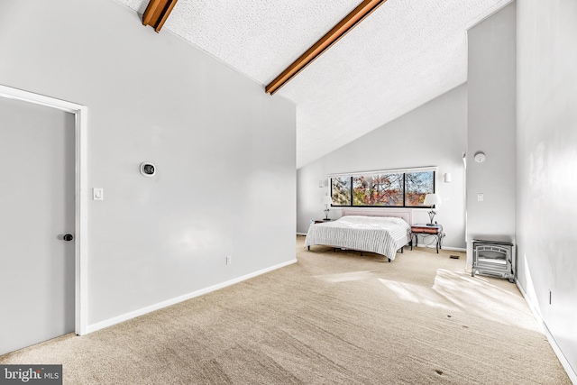 unfurnished bedroom with a wood stove, light carpet, high vaulted ceiling, a textured ceiling, and beamed ceiling