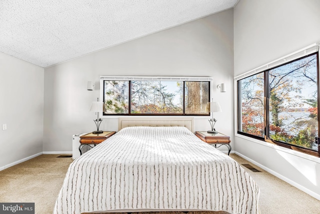 bedroom featuring lofted ceiling, a textured ceiling, and light carpet