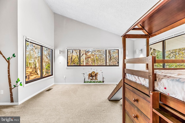 carpeted bedroom with vaulted ceiling and a textured ceiling