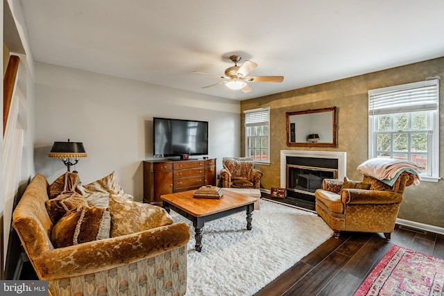 living room featuring ceiling fan, dark hardwood / wood-style flooring, and a wealth of natural light