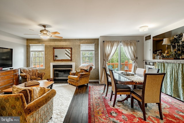 dining space with wood-type flooring and ceiling fan