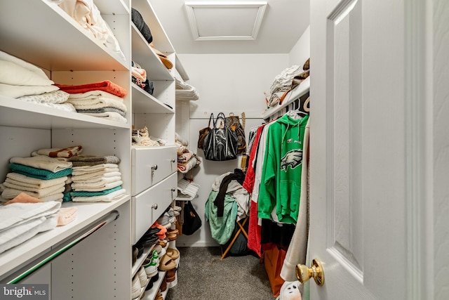 walk in closet featuring dark colored carpet