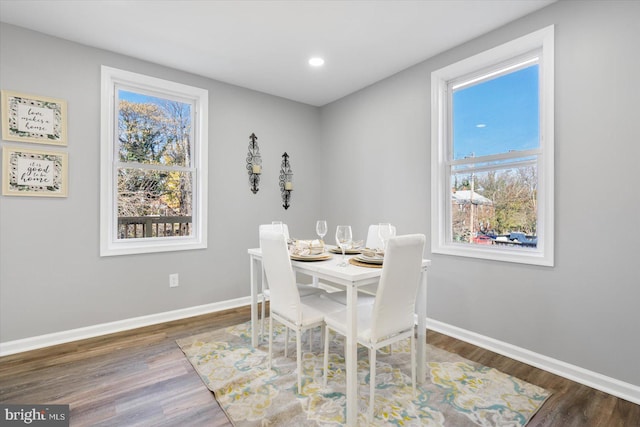 dining space with dark hardwood / wood-style floors