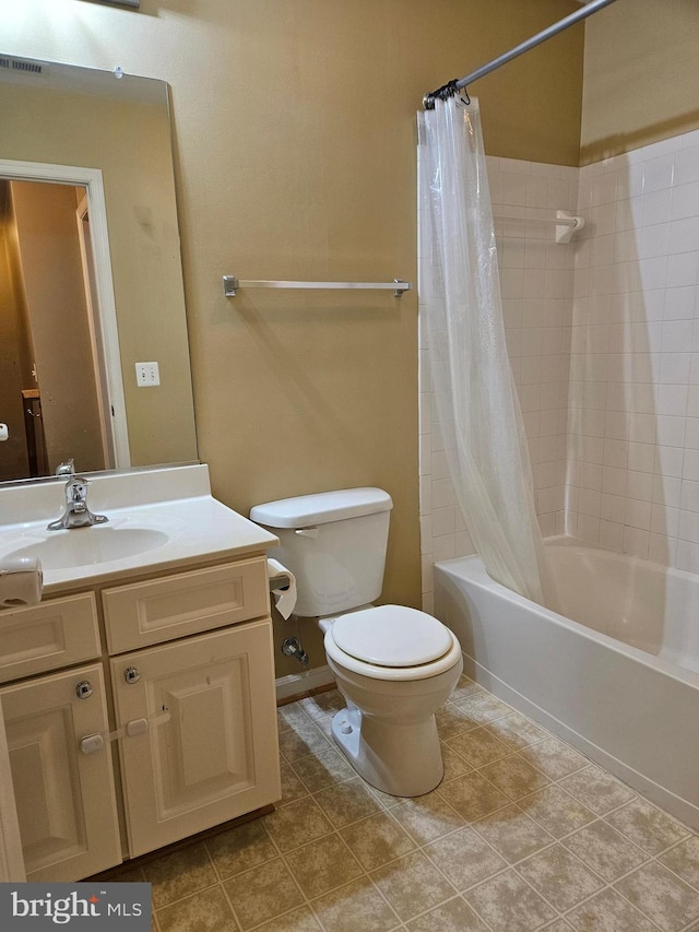 full bathroom with toilet, vanity, tile patterned floors, and shower / bathtub combination with curtain