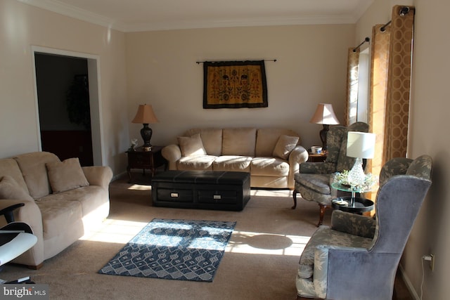 carpeted living room with crown molding