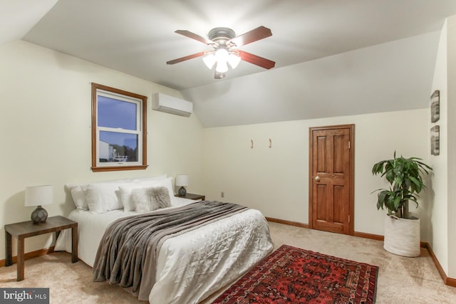 carpeted bedroom featuring a wall unit AC, ceiling fan, and lofted ceiling