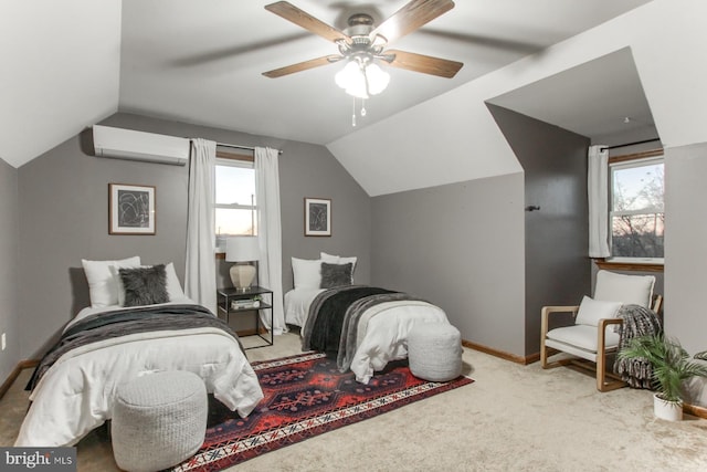 carpeted bedroom with lofted ceiling, ceiling fan, and a wall mounted air conditioner