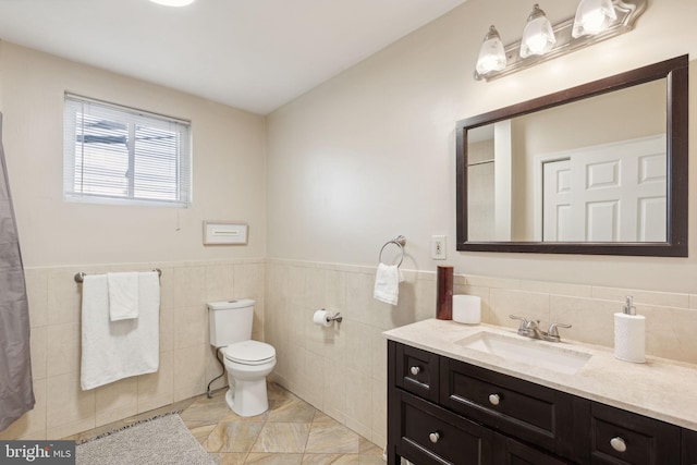 bathroom with tile patterned flooring, tile walls, and vaulted ceiling