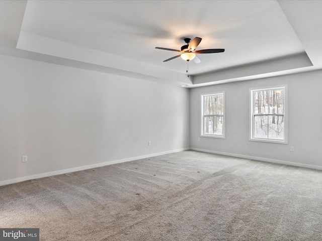 unfurnished room featuring a raised ceiling, ceiling fan, and carpet floors