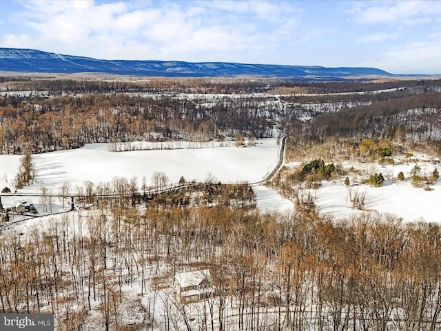 snowy aerial view featuring a mountain view