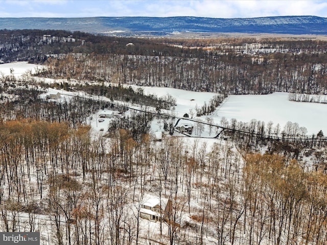 snowy aerial view featuring a mountain view