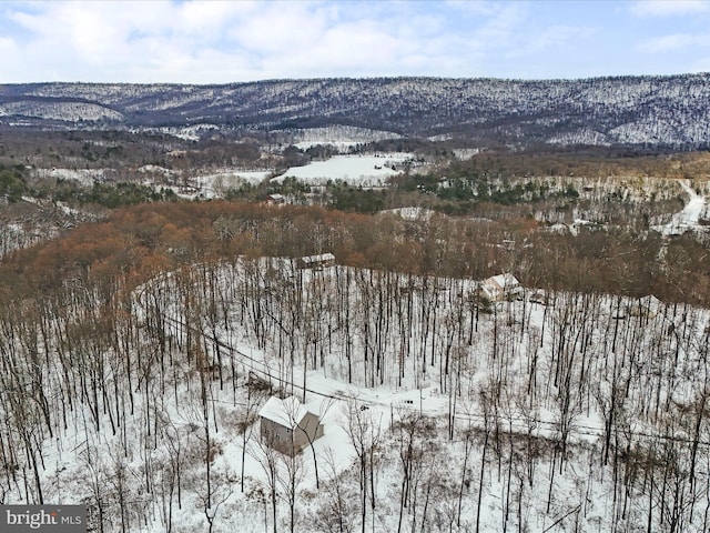 snowy aerial view featuring a mountain view