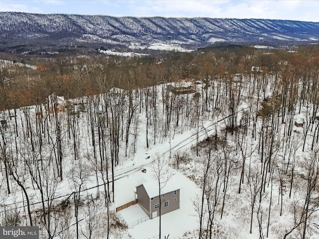 snowy aerial view featuring a mountain view