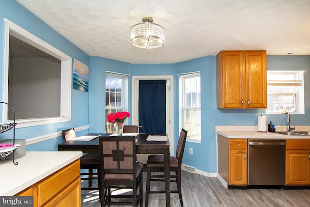 kitchen featuring a wealth of natural light, dishwasher, dark hardwood / wood-style floors, and sink