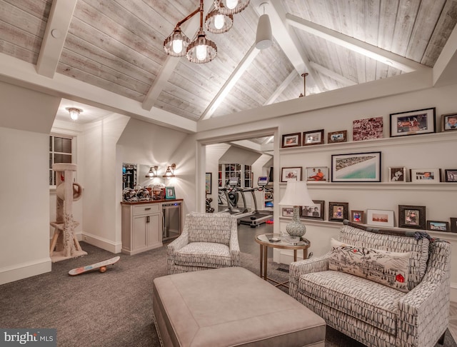 sitting room with carpet, lofted ceiling with beams, and wood ceiling