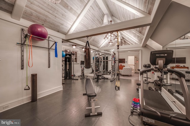 exercise room with lofted ceiling and wood ceiling