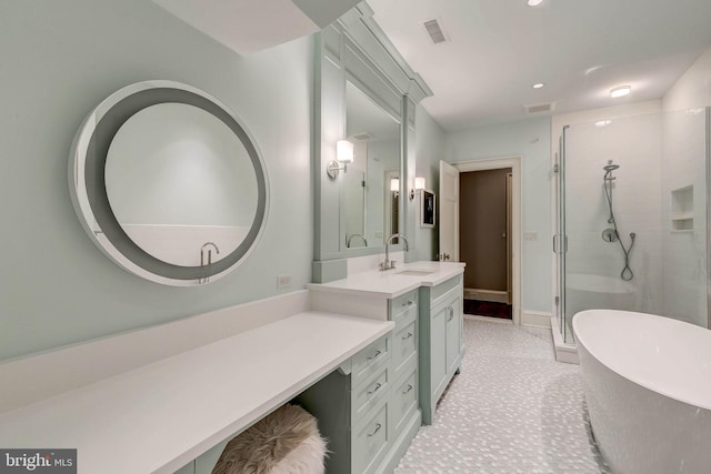 bathroom featuring tile patterned flooring, vanity, and independent shower and bath