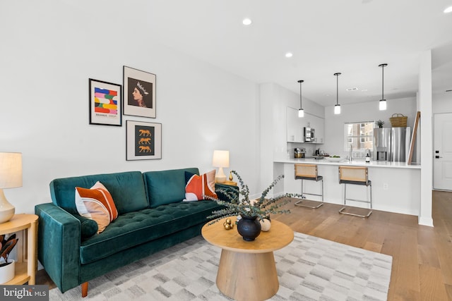 living room featuring sink and light hardwood / wood-style floors