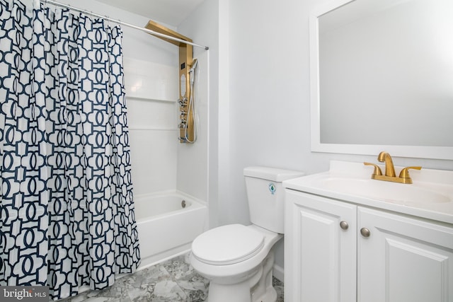 full bathroom with vanity, toilet, and shower / bath combo with shower curtain