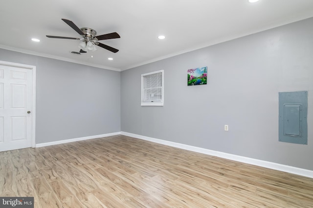 167 Shamrock Dr, Salisbury, MD 21804 - empty room featuring electric panel, ornamental molding, recessed lighting, light wood-style flooring, and ceiling fan