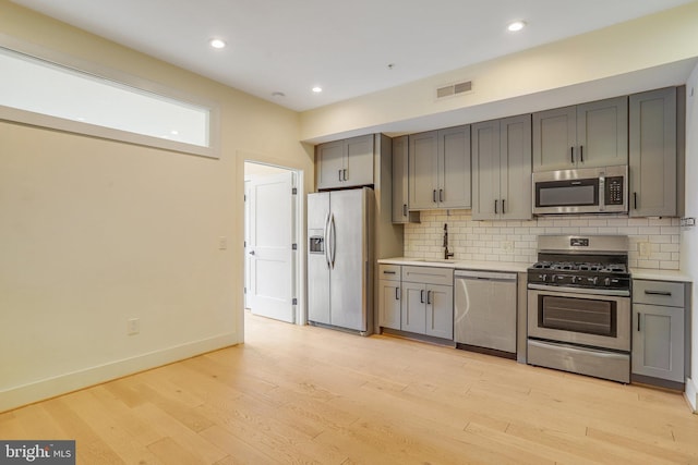 kitchen featuring gray cabinetry, light wood-type flooring, stainless steel appliances, and tasteful backsplash