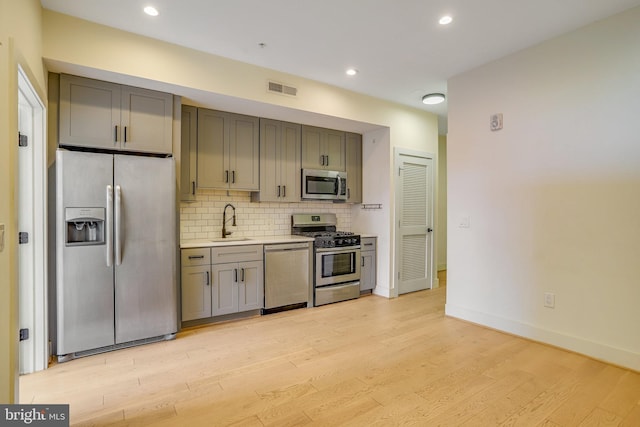 kitchen with backsplash, sink, stainless steel appliances, and light hardwood / wood-style floors