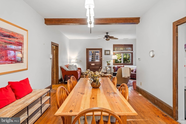 dining area with beamed ceiling, light hardwood / wood-style flooring, and ceiling fan