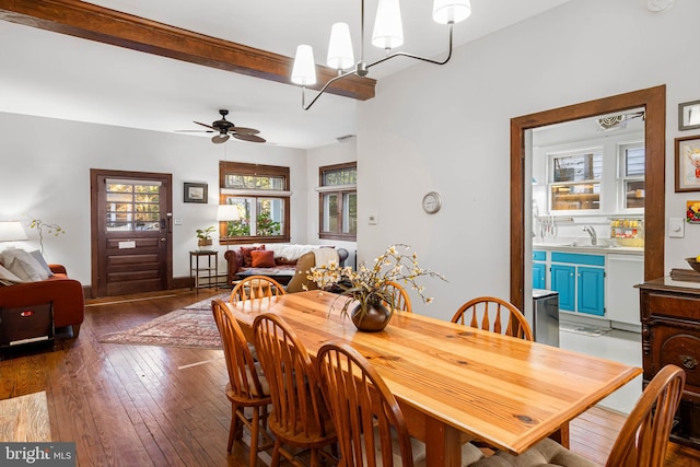 dining room featuring beam ceiling, sink, ceiling fan with notable chandelier, and hardwood / wood-style flooring