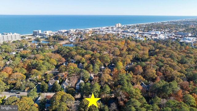 drone / aerial view featuring a water view