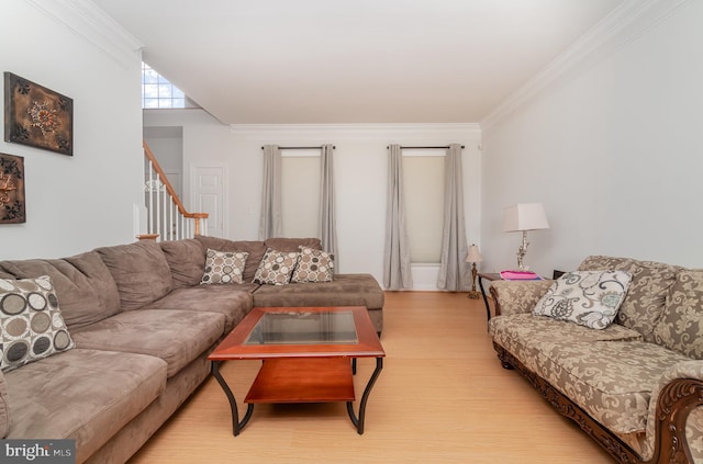 living room featuring ornamental molding and light hardwood / wood-style flooring