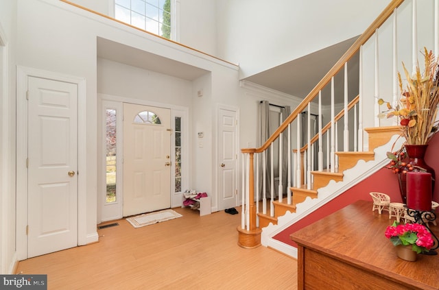 foyer with hardwood / wood-style flooring, a high ceiling, and a wealth of natural light