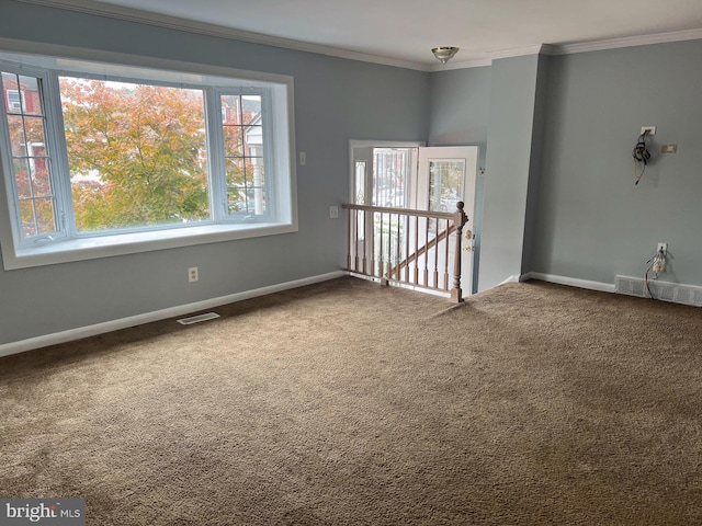 carpeted spare room with crown molding