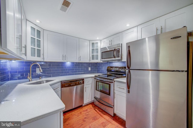 kitchen with tasteful backsplash, stainless steel appliances, sink, white cabinets, and light hardwood / wood-style floors